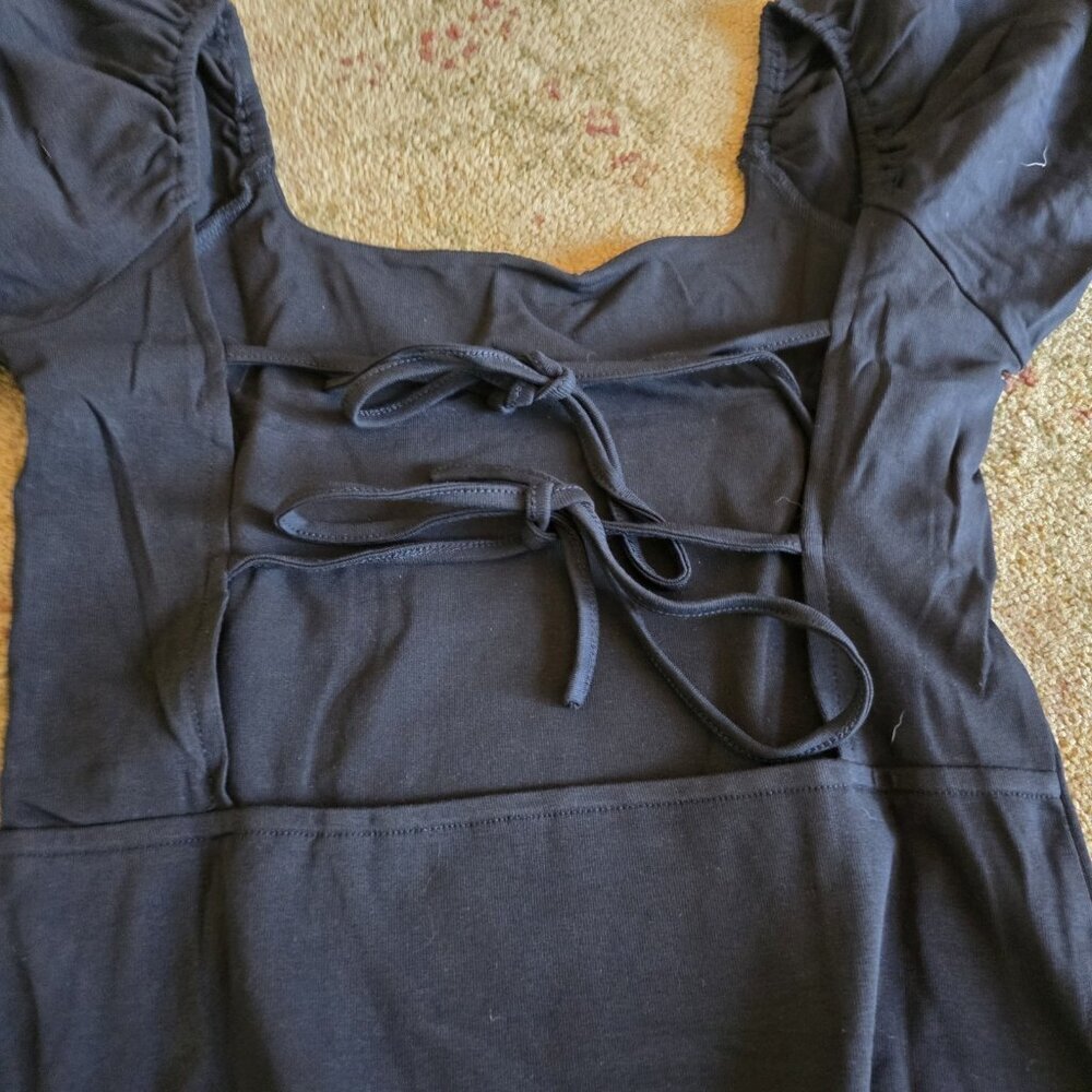 Bodysuit With Puff Short Sleeves Black Tie Back Women's Size Large - Picture 3 of 8